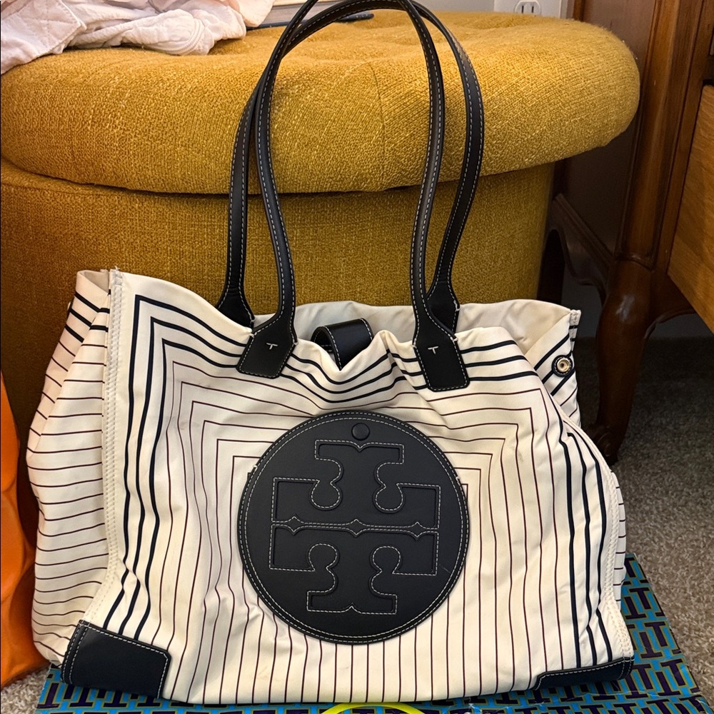 Tory Burch Black and Cream Striped Tote